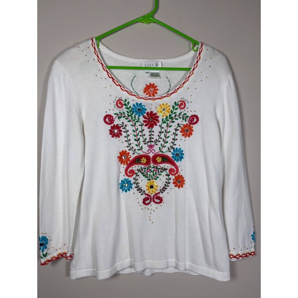 Just B Vintage White Floral Embroidered Sequin Knit Sweater Top Womens M Boho